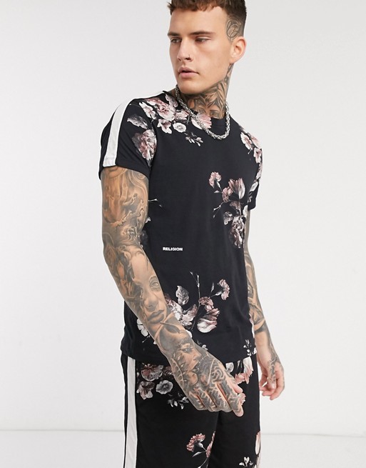 Religion all over floral print t-shirt with side stripe details in black