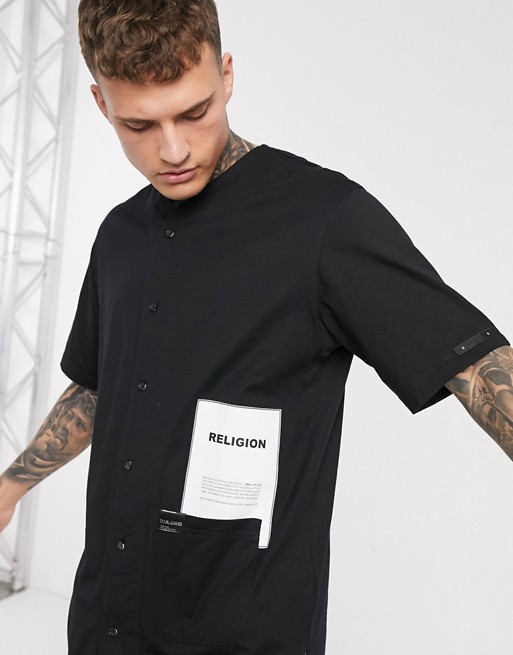 Religion baseball jersey shirt with patch logo and pocket detail in black