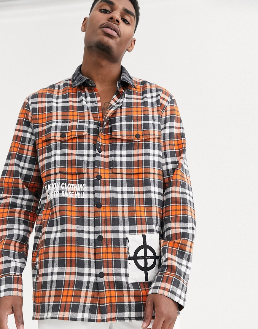 Religion - Camicia oversize con applicazioni arancione a quadri