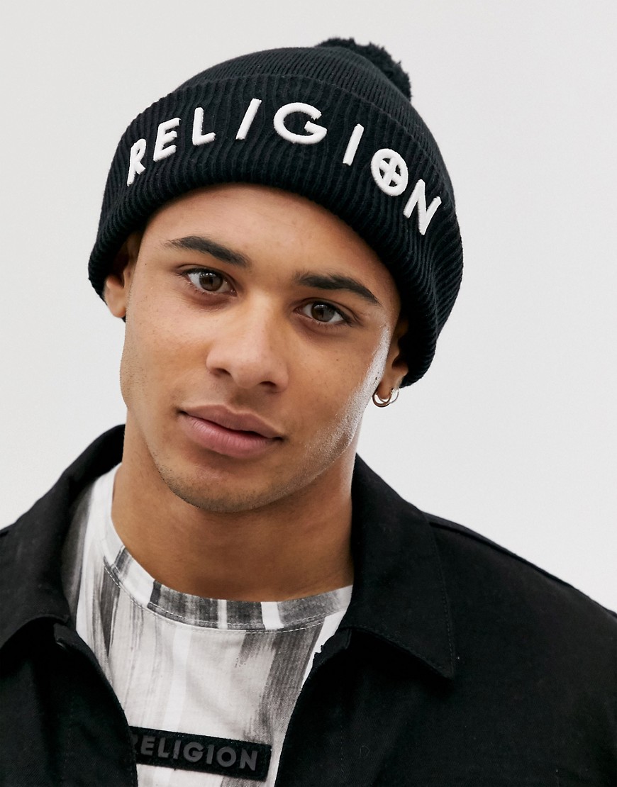 Religion - Cappello in maglia con logo e pompon nero