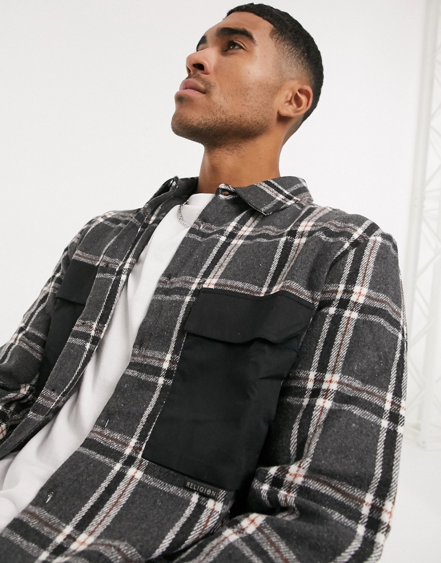 Religion check print double pocket shirt in grey