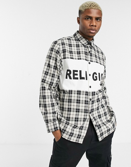 Religion check shirt with logo panel in white/black