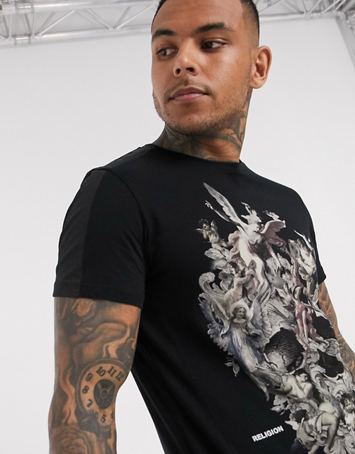 Religion cherub skull print t-shirt with sleeve detail in black