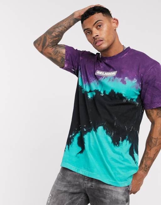 Religion chest logo t-shirt in black/purple tie dye | ASOS