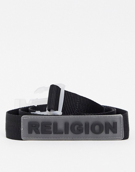 Religion clear buckle webbing belt with rubber logo in black