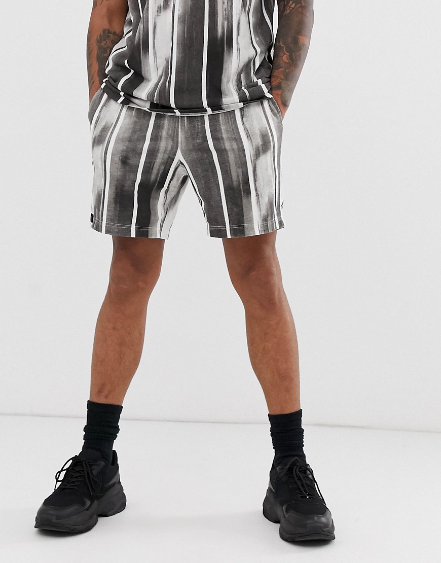 Religion co-ord shorts with brushed stripe print in black