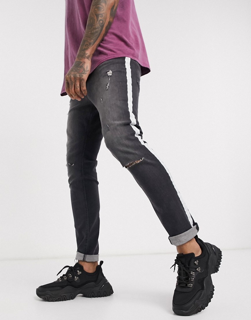 Religion - Gear - Skinny-fit jeans met geverfde strepen en scheuren in zwart-Blauw