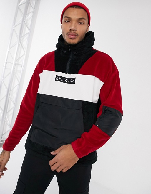 Religion half zip borg jacket with nylon details in red