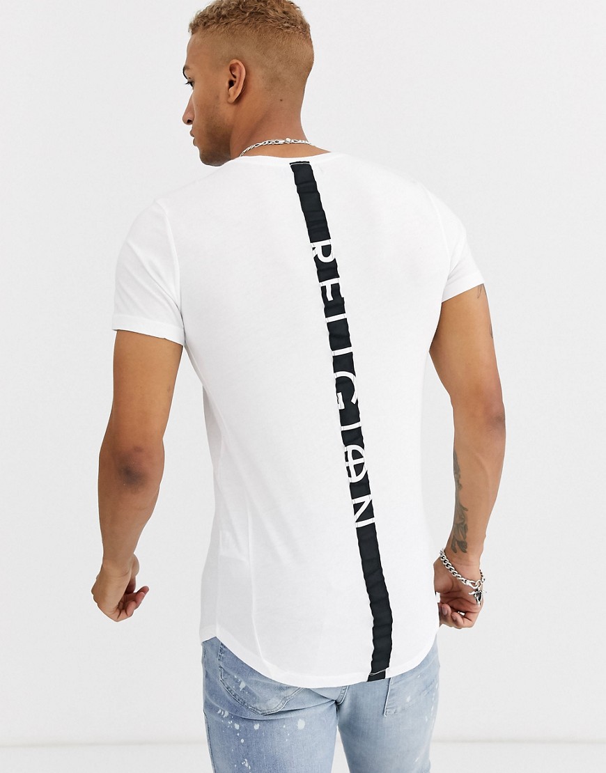Religion – hvid t-shirt med buet kant og taping på ryggen