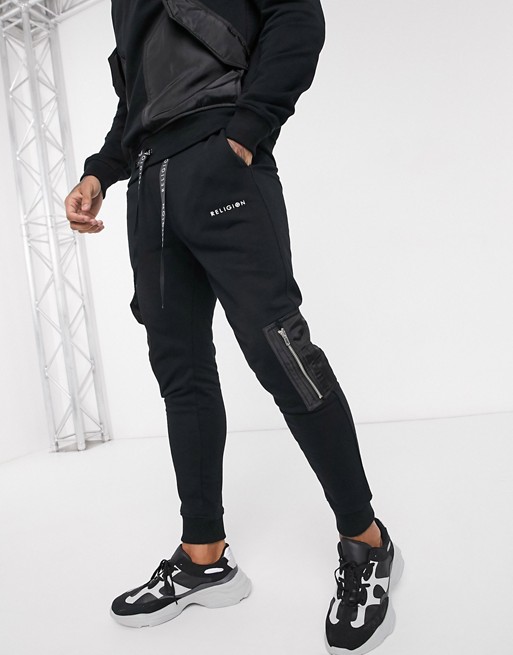 Religion joggers with utility contrast pockets in black