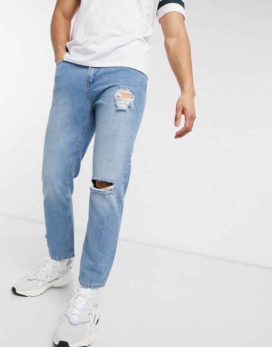 Religion Kick cropped fit jeans with knee rip in blue fade