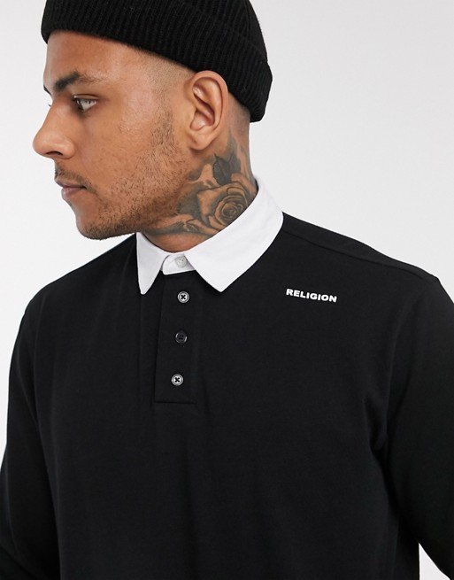 Religion long sleeve logo polo with back patch in black