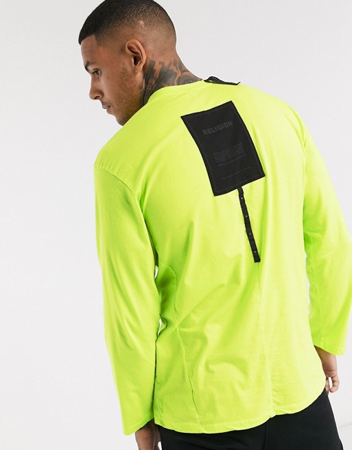 Religion long sleeve logo t-shirt with back patch in neon yellow