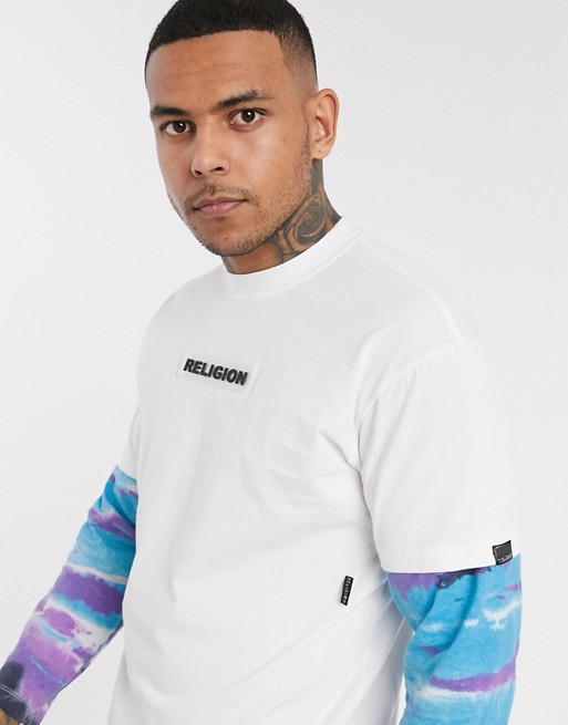 Religion long sleeve logo t-shirt with tie dye sleeves in white