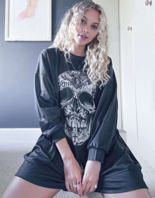 Religion long sleeve t-shirt dress with skull graphic