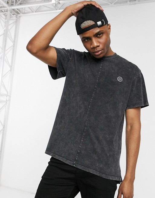 Religion longline t-shirt with cut and sew acid wash in black