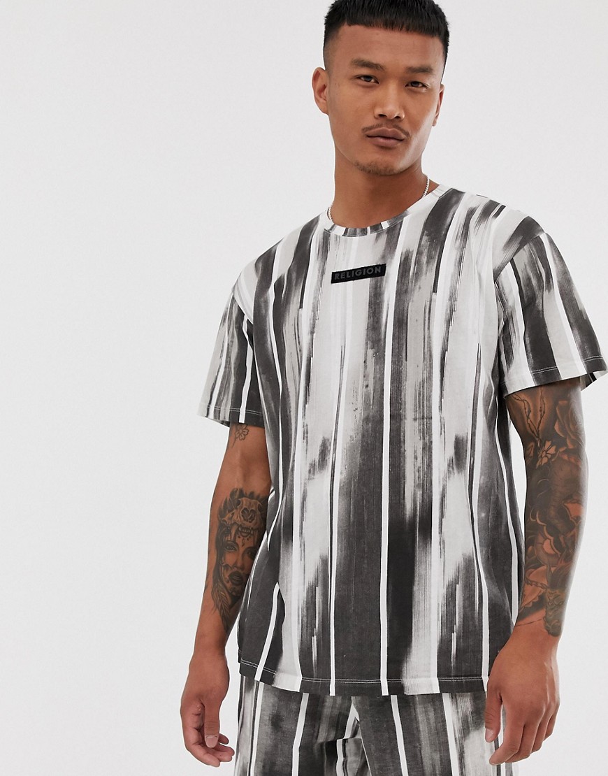 Religion loose fit co-ord t-shirt with brushed stripe print in black