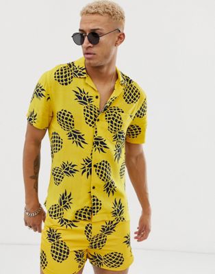 Religion - Overhemd met reverskraag en ananasprint-Geel