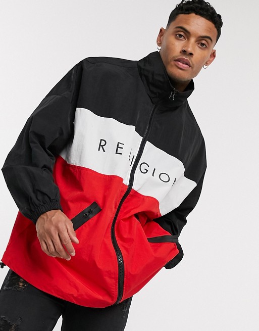 Religion oversized lightweight colourblock jacket in black