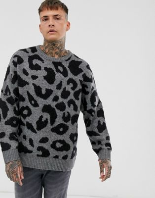 Oversized Fit Jacquard-knit Sweater - Green/leopard print - Men