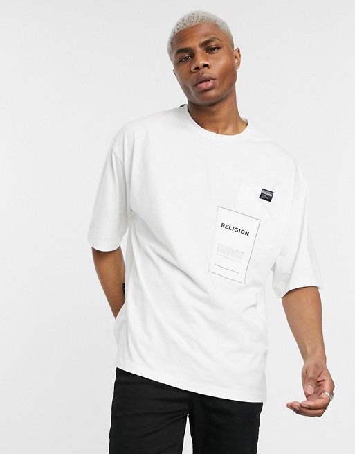 Religion oversized t-shirt with graphic pocket in white