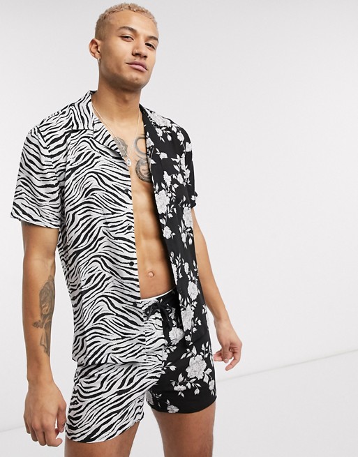 Religion revere collar split zebra and floral print short sleeve shirt in black