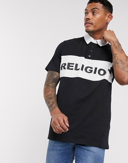 Religion rugby top with block panel logo in black