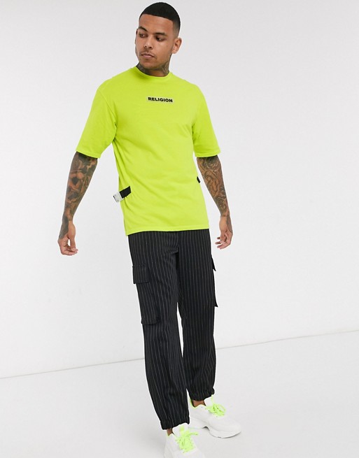 Religion short sleeve t-shirt with side clip in neon yellow
