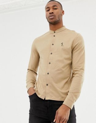 Religion – skinny fit kamelfärgad jerseyskjorta med farfarskrage-Brun