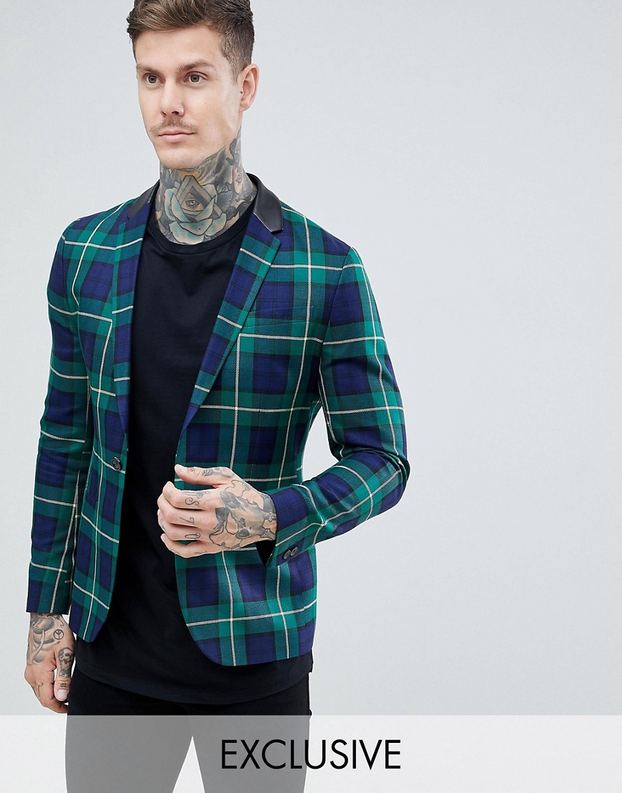 Religion Skinny Suit Jacket in Check-Green