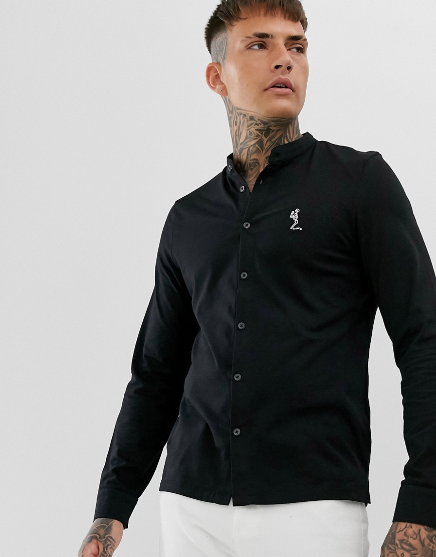 Religion slim fit jersey shirt with grandad collar in black