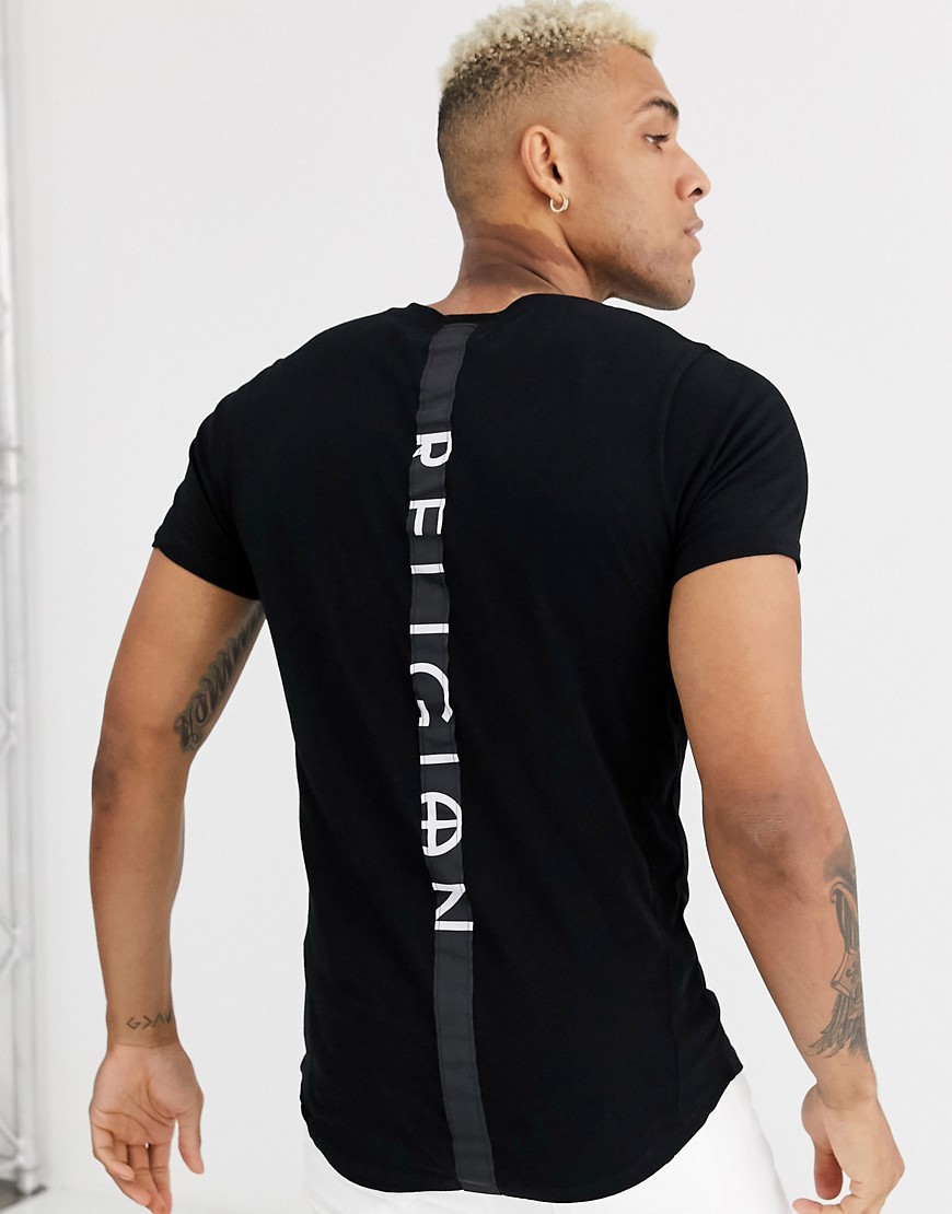 Religion – Sort t-shirt med buet kant og taping på ryggen