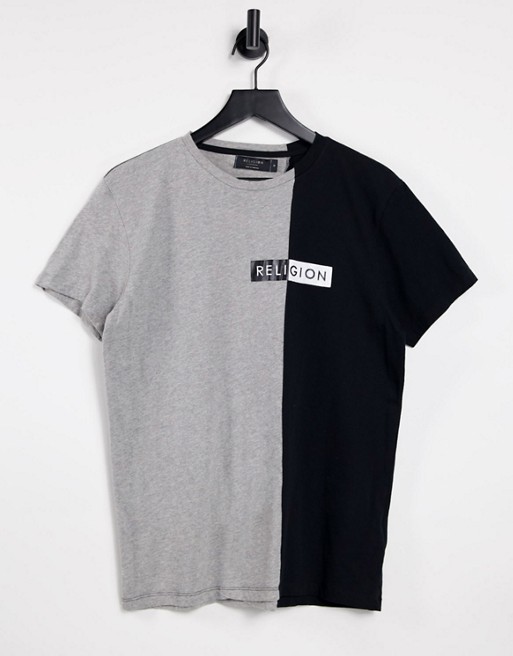 Religion splice colour block t-shirt in grey & black
