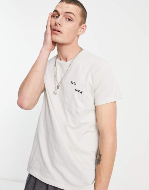 Religion split pocket T-shirt in ivory