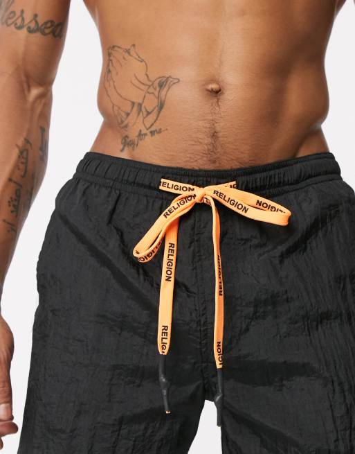 Religion swim shorts with contrast brand cord in black