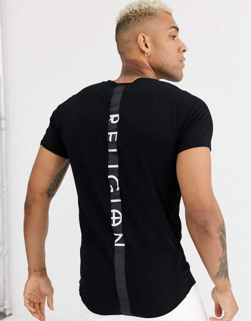 Religion T Shirt A Ourlet Arrondi Avec Bande Au Dos Noir Asos
