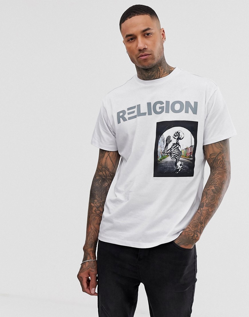 Religion - T-shirt bianca con scheletro-Bianco