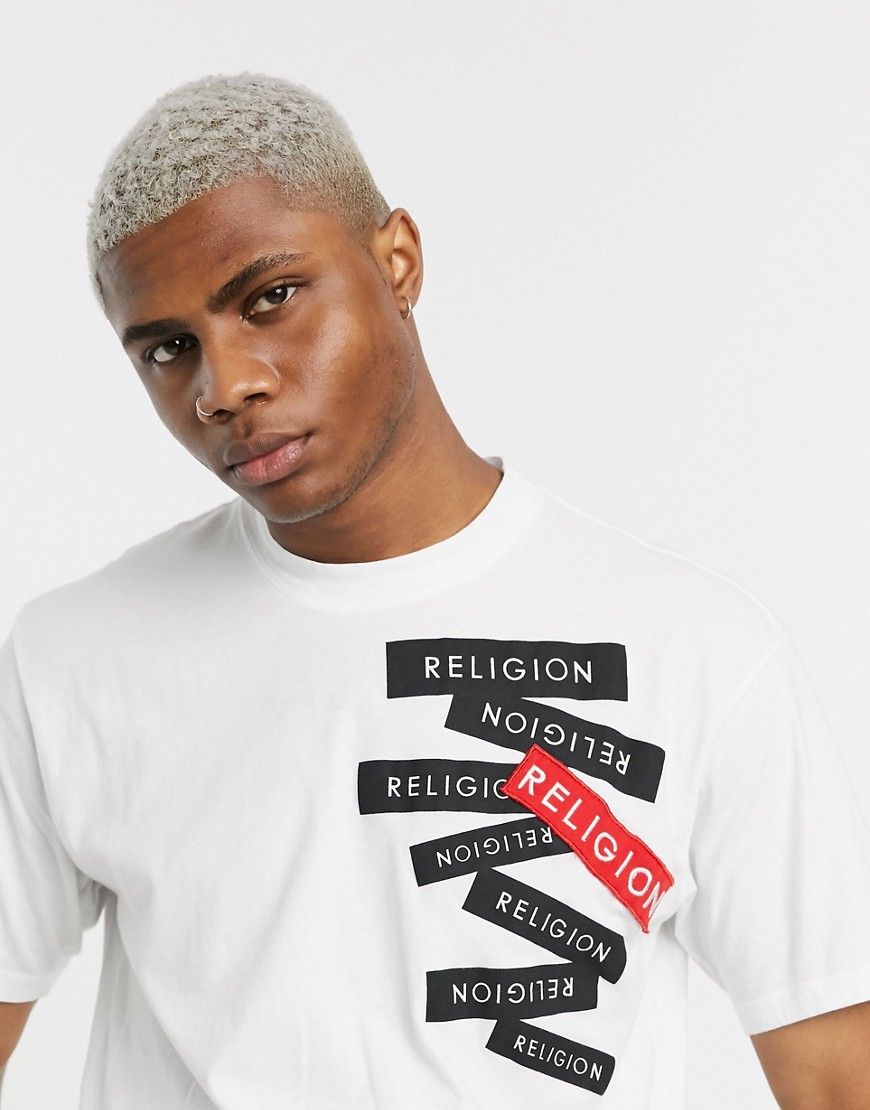 Religion - T-shirt bianca con spalle scivolate e fettuccia firmata-Bianco