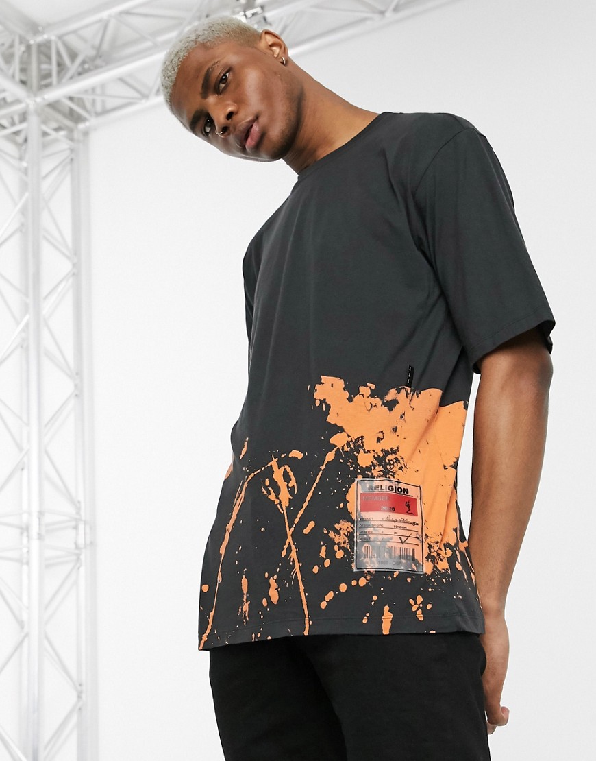 Religion - T-shirt con spalle scivolate nera con macchie di colore-Nero