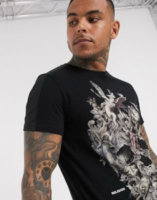 Religion - T-shirt met cherubijn- en doodshoofdprint en mouwdetail in zwart