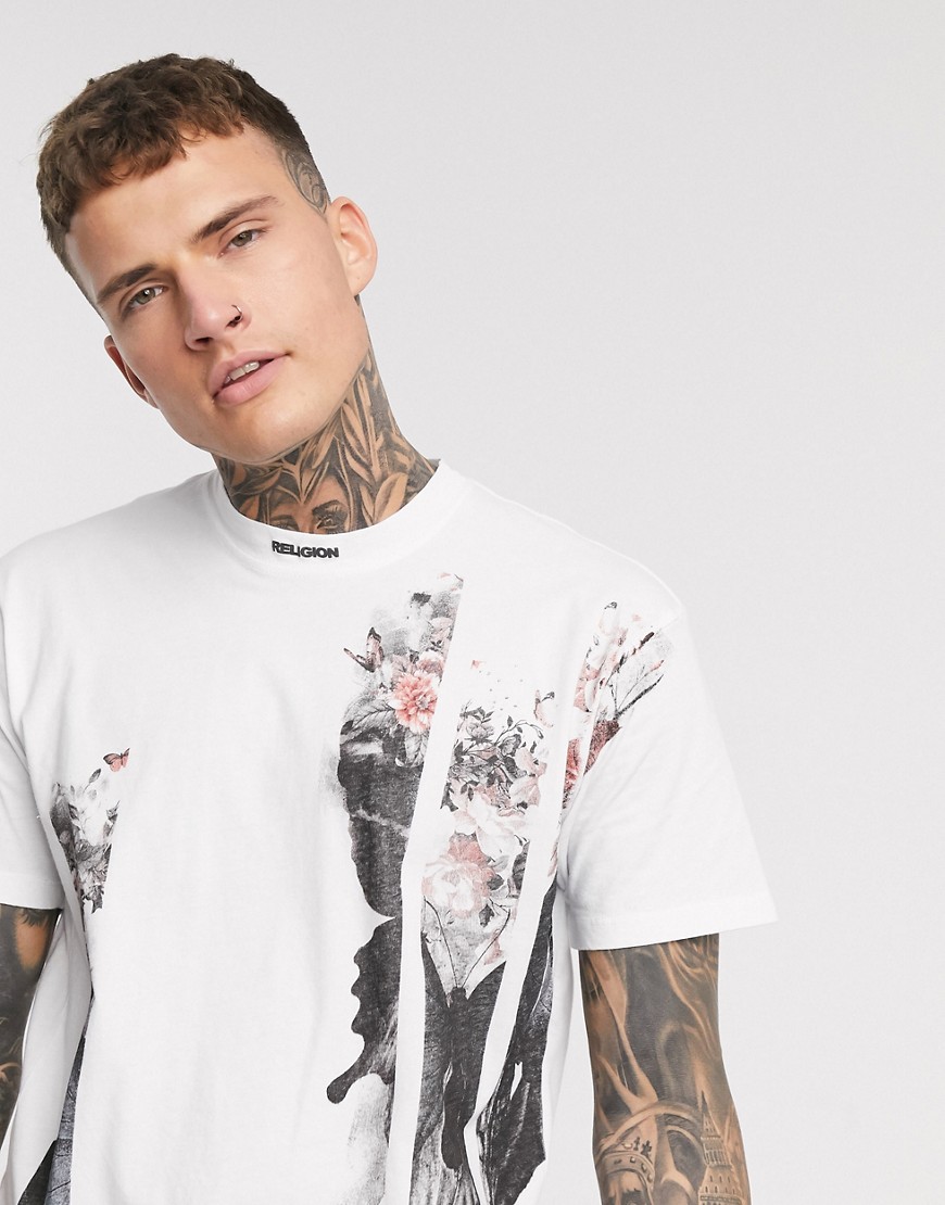 Religion - T-shirt met verlaagde schouders en schedel- en bloemenprint in wit