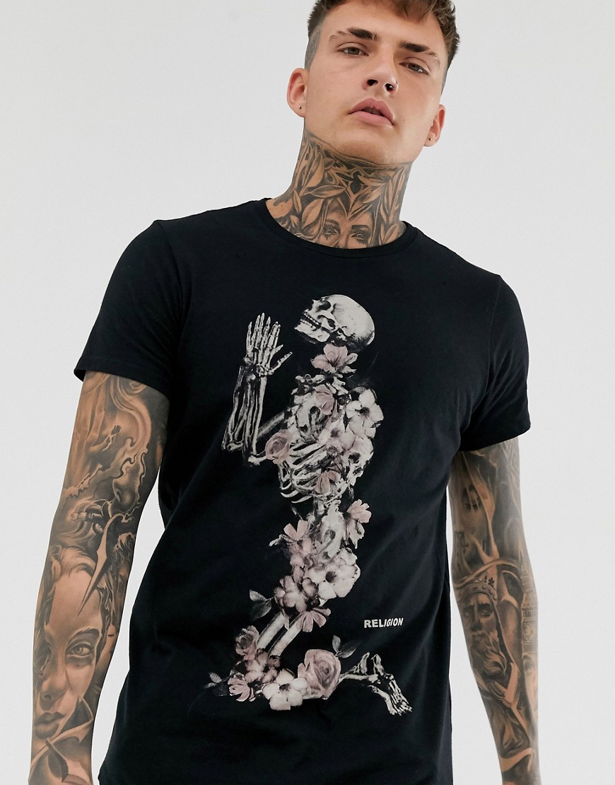 Religion - T-shirt nera a fiori con fondo arrotondato-Nero