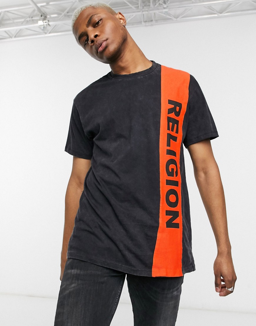 Religion - T-shirt nera con logo a righe laterale-Nero