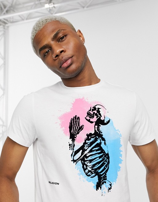 Religion t-shirt with colour splash skeleton in white