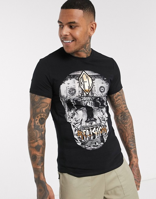 Religion t-shirt with gold skull and money print in black