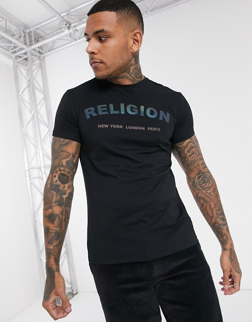 Religion t-shirt with iridescent logo print in black