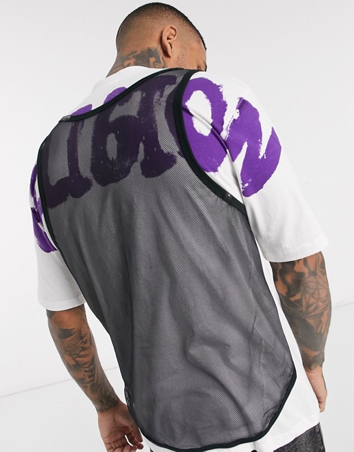 Religion t-shirt with mesh back and graffiti logo in white