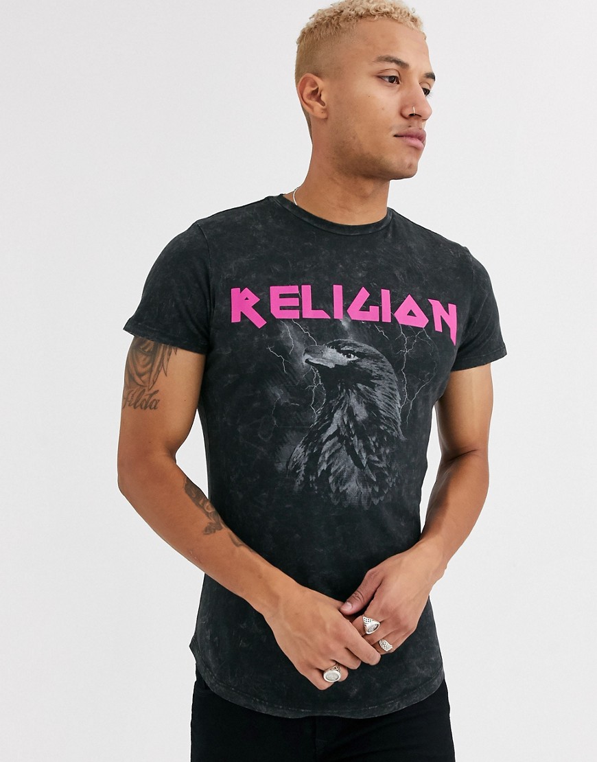 Religion t-shirt with pink logo print in grey wash-Black