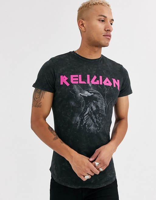 Religion t-shirt with pink logo print in grey wash