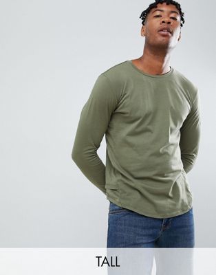 Religion – Tall – Khakifärgad långärmad t-shirt i muscle fit med ojämn fåll-Grön